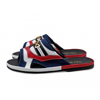 Men Sandals SKF-39 Navy Suede-White-Red Nappa Microfiber Leather